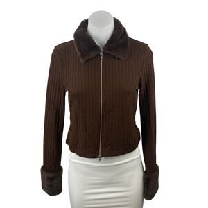 H&M Women's Brown Ribbed Knit Faux Fur Full Zip Cardigan Sweater Top Size M